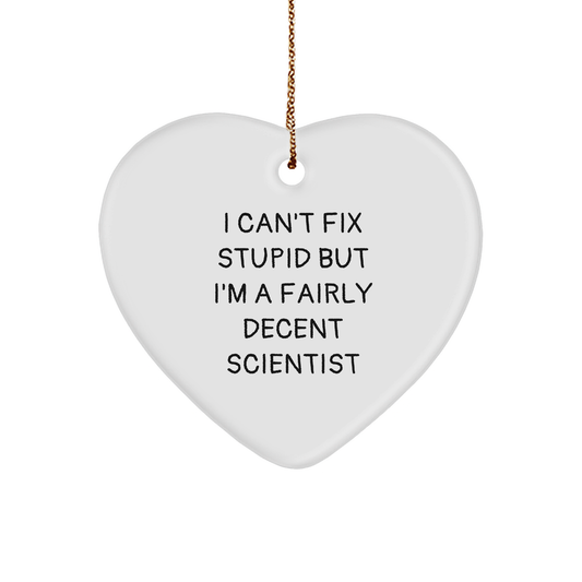 Funny Scientist Gifts for Men from Friends - I Can't Fix Stupid But I'm A Fairly Decent Christmas Heart Ornament - Image 1