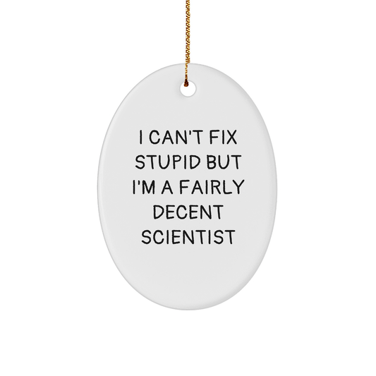 Funny Scientist Gifts for Men - Oval Ornament with 'I Can't Fix Stupid But I'm A Fairly Decent Scientist' Quote - Christmas Memorable Present from Friends - Image 1
