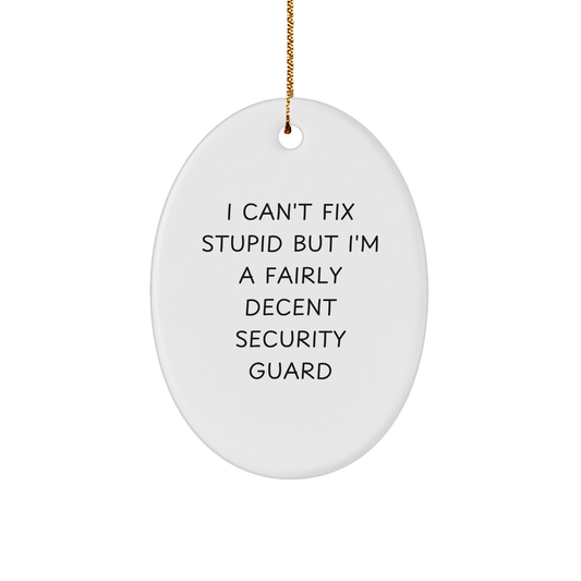 Funny Security Guard Oval Ornament Gifts from Men to Coworkers for Christmas - 'I Can't Fix Stupid But I'm A Fairly Decent Security Guard' - Image 1