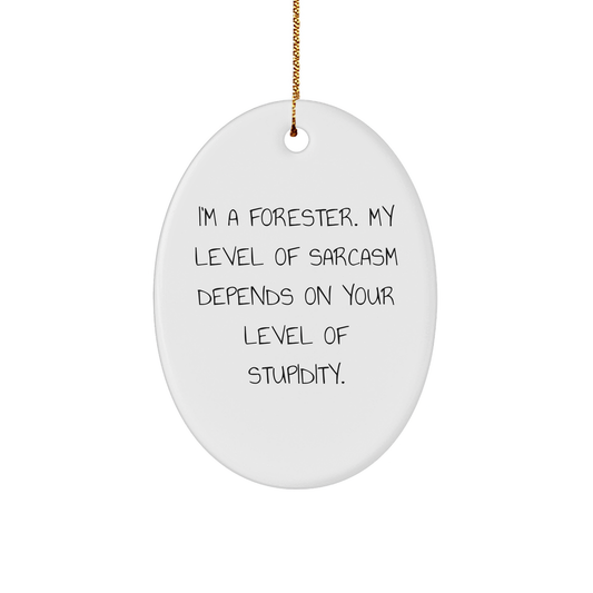 Forester Gifts for Christmas - I'm A Forester. My Level Of Sarcasm Depends On Your Level Of Stupidity. Funny Oval Ornament, White, 3.25" tall, 1/8" thick, MDF, High-Gloss Finish - Image 1