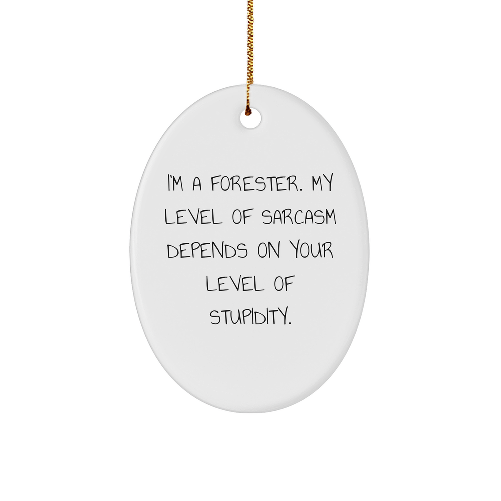Forester Gifts for Christmas - I'm A Forester. My Level Of Sarcasm Depends On Your Level Of Stupidity. Funny Oval Ornament, White, 3.25" tall, 1/8" thick, MDF, High-Gloss Finish - Image 1