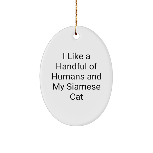 Siamese Cat Oval Ornament Gifts from Friends and Family for Cat Lovers on Christmas - I Like A Handful Of Humans And My Siamese Cat, Oval Ornament, White Sturdy MDF, Gold-Tone String, 3" - Image 1