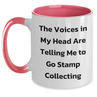 Load image into Gallery viewer, Funny Stamp Collecting Gifts for Men from Friends on Father&#39;s Day with Two Tone Coffee Mug - &#39;The Voices In My Head Are Telling Me To Go Stamp Collecting&#39;! - Main
