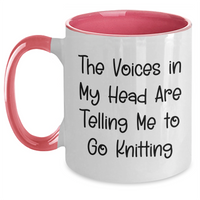 Load image into Gallery viewer, Funny Knitting Quotes Two Tone Coffee Mug, Gifts from Mom to Knitting Dad, Father&#39;s Day Unique Gifts for Men, &#39;The Voices In My Head Are Telling Me To Go Knitting&#39; - Main
