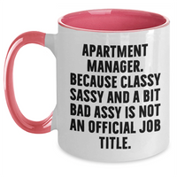 Load image into Gallery viewer, Funny Apartment Manager Gifts from Friends for Graduation, Two Tone Coffee Mug with &#39;Apartment Manager. Because Classy Sassy And A Bit Fearlessy Is Not An Official Job Title.&#39; Quote, 11oz Capacity - Main
