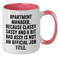 Load image into Gallery viewer, Funny Apartment Manager Gifts from Friends for Graduation, Two Tone Coffee Mug with &#39;Apartment Manager. Because Classy Sassy And A Bit Fearlessy Is Not An Official Job Title.&#39; Quote, 11oz Capacity - Additional
