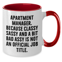 Load image into Gallery viewer, Funny Apartment Manager Gifts from Friends for Graduation, Two Tone Coffee Mug with &#39;Apartment Manager. Because Classy Sassy And A Bit Fearlessy Is Not An Official Job Title.&#39; Quote, 11oz Capacity - Additional
