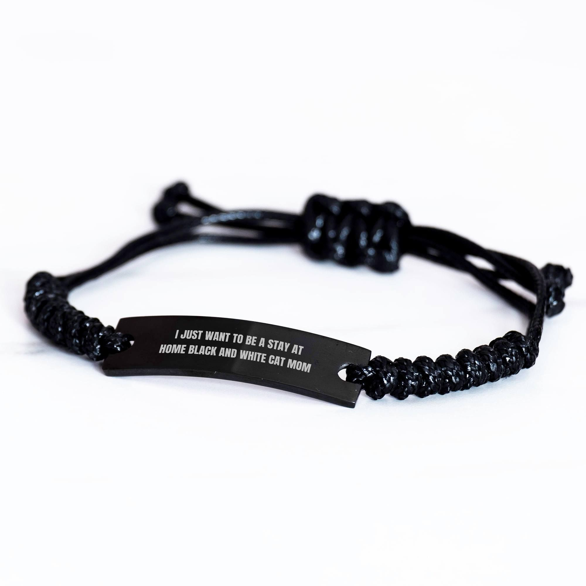 Funny Black and White Cat Mom Gifts for Him from Friends on Father's Day - Adjustable Rope Bracelet - Image 2