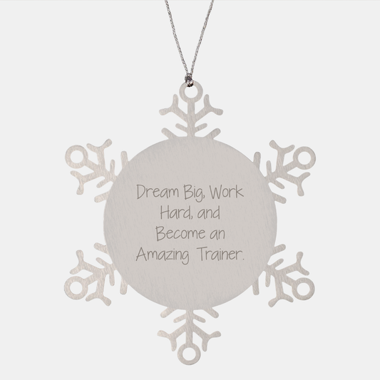 Inspirational Trainer Gifts from Friends for Christmas Unique Snowflake Ornament, 'Dream Big, Work Hard, And Become An Amazing Trainer.' - Image 1