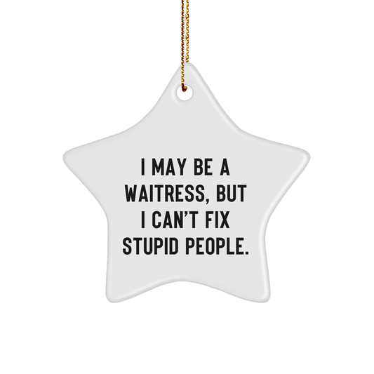 Waitress Star Ornament Gifts from Men, Women, and Coworkers for Waitress with Funny Quote, I May Be A Waitress, But I Can't Fix Stupid People., Star Shaped White Christmas Decoration - Image 1