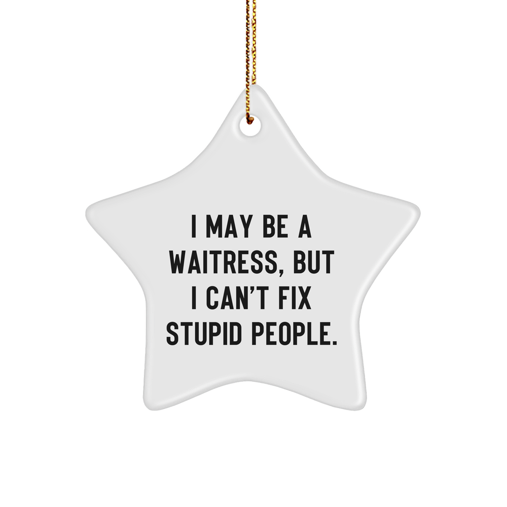Waitress Star Ornament Gifts from Men, Women, and Coworkers for Waitress with Funny Quote, I May Be A Waitress, But I Can't Fix Stupid People., Star Shaped White Christmas Decoration - Image 1