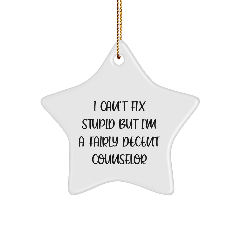 Counselor Gifts from Friends for Christmas - I Can't Fix Stupid But I'm A Fairly Decent Counselor Star Ornament, White, 3-Inch - Image 1