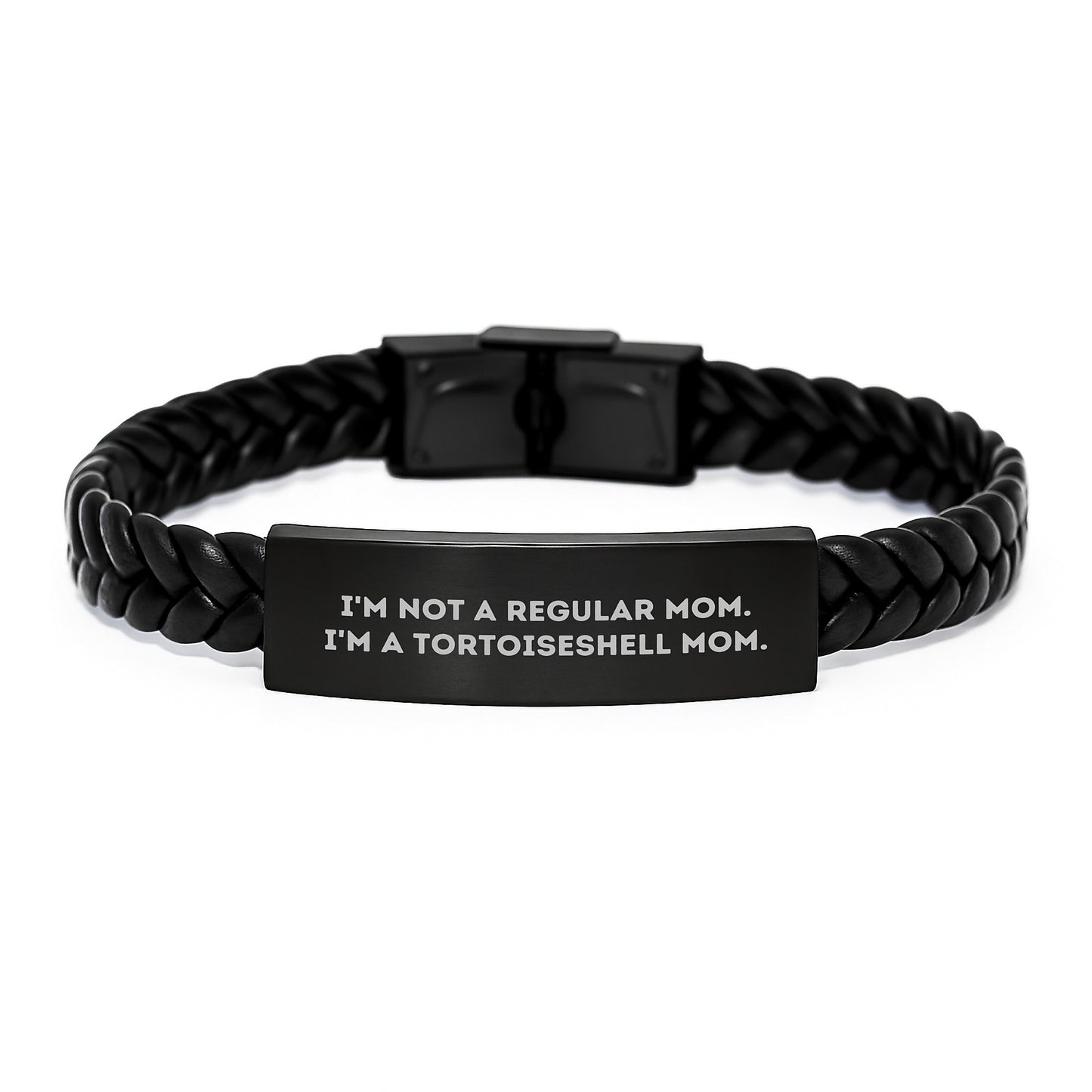 Tortoiseshell Cat Mom Graduation Gift, Funny Quote Interlaced Leather Bracelet, Stainless Steel Engraved, Gifts from Mom to Kids - Image 1