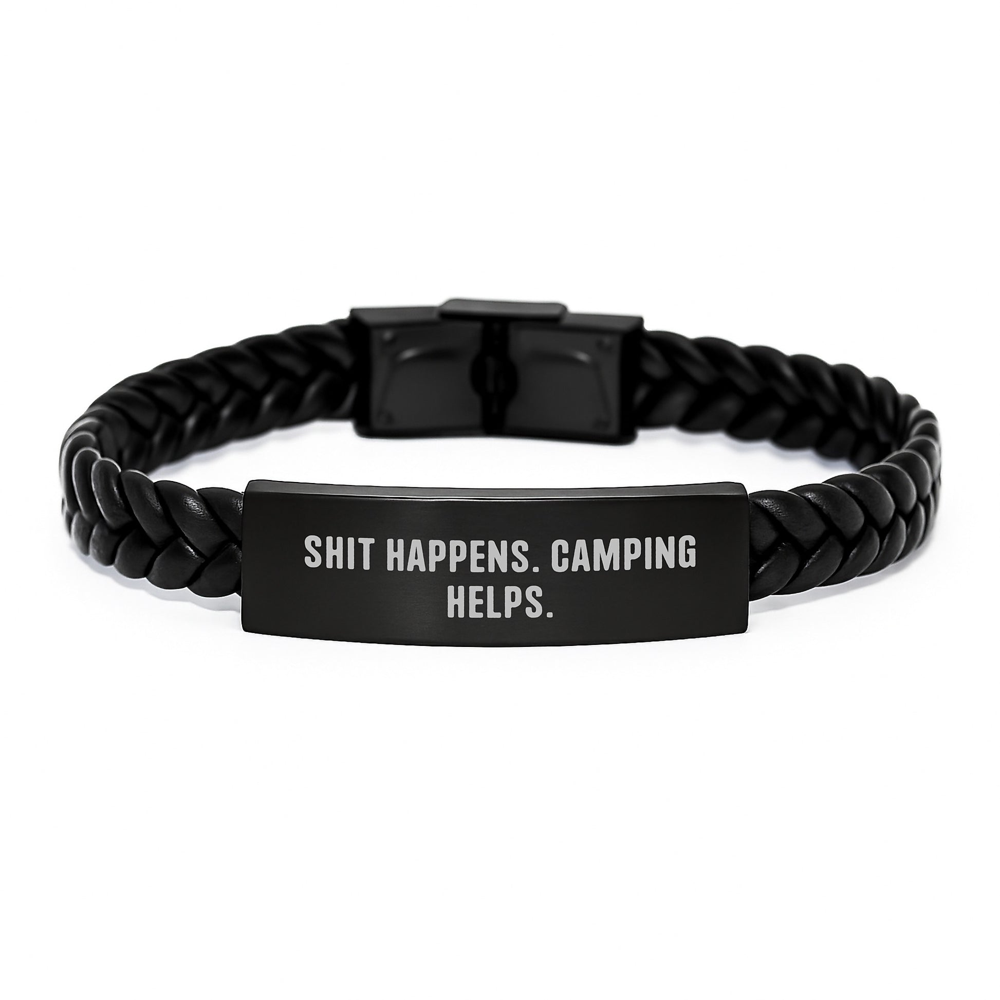 Camping Inspirational Gifts for Men - Funny Interlaced Leather Bracelet - Gifts from Friends to Camping Lovers - Shit Happens. Camping Helps. - Image 1