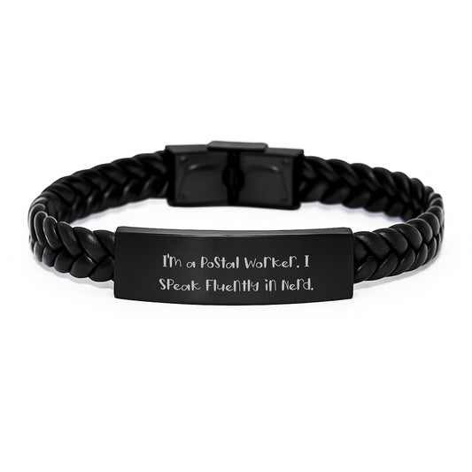 Funny Postal Worker Unique Gifts from Friends for Men Interlaced Leather Bracelet, genius Quote, Christmas Unique Presents for Him - Image 1