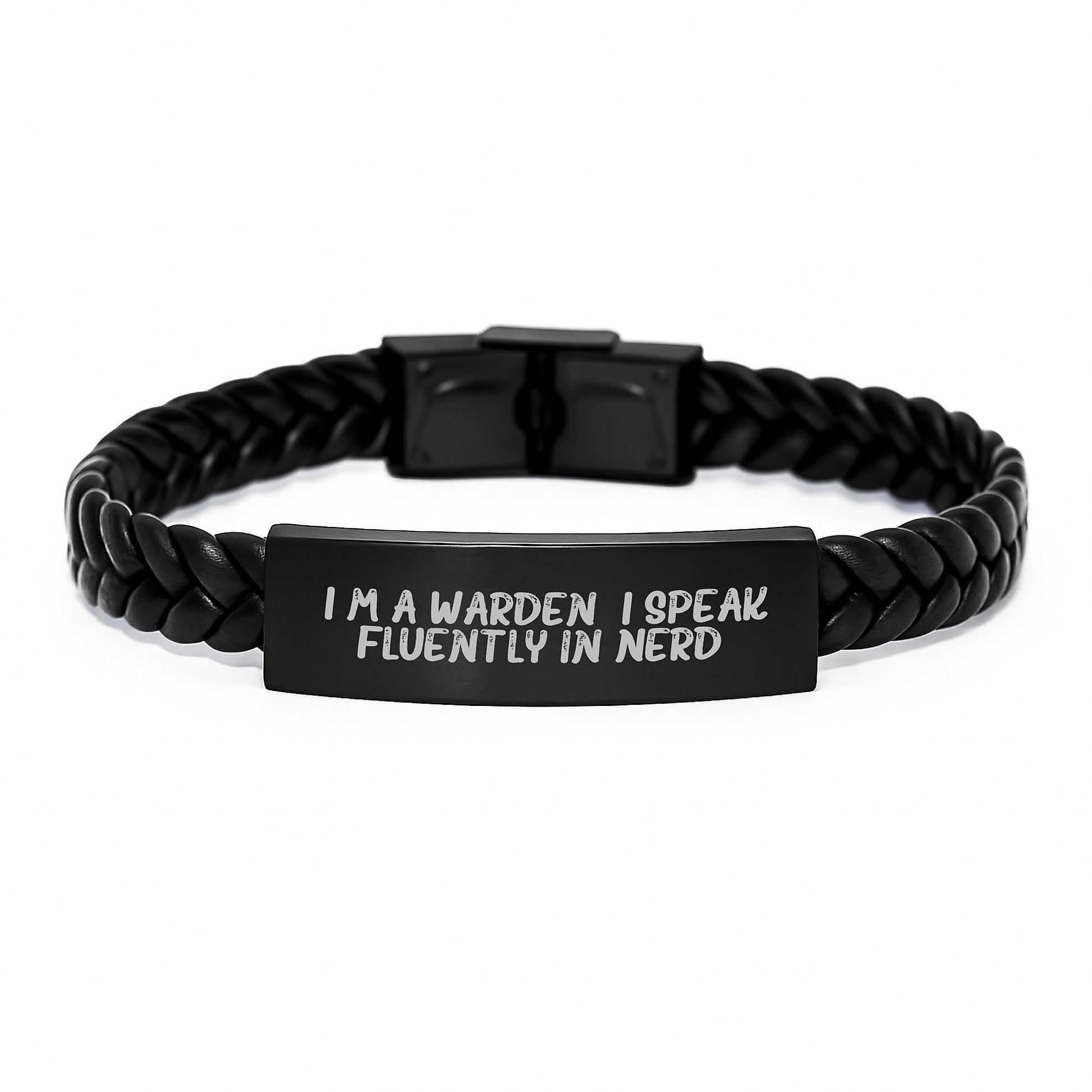 Funny Warden Gifts for Men, Unique Interlaced Leather Bracelet for Graduation, Funny Quote: 'I'm A Warden. I Speak Fluently In genius. - Image 1