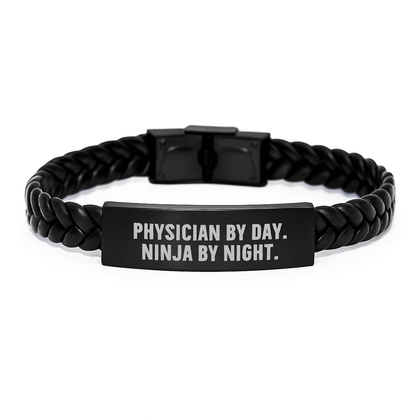 Funny Physician Gifts from Friends Birthday Unique Interlaced Leather Bracelet, Stainless Steel Engraved Ninja Physician By Day - Image 1