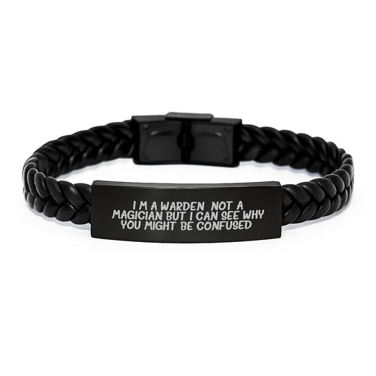 Funny Warden Gifts for Warden Friends and Family - Interlaced Leather Bracelet, Graduation Unique Gifts from Men and Women - Image 1