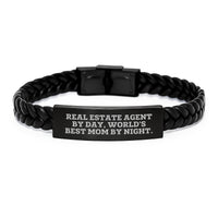 Load image into Gallery viewer, Funny Real Estate Agent Gifts from Mom - Interlaced Leather Bracelet for Real Estate Agent by Day World's Best Mom by Night Valentine's Unique Gifts - Image 1
