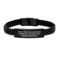 Load image into Gallery viewer, Funny General Manager Gifts, Sorry This Guy Is Already Taken By A Smokin&#39; Hot General Manager Interlaced Leather Bracelet for Graduation, Gifts from Friends to General Manager - Image 1
