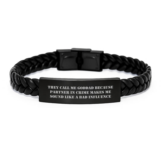 Funny Goddad Interlaced Leather Bracelet, Birthday Unique Gifts for Men, Funny Partner in Crime Quote, Stainless Steel and PU Leather, Gifts from Dad to Goddad - Image 1