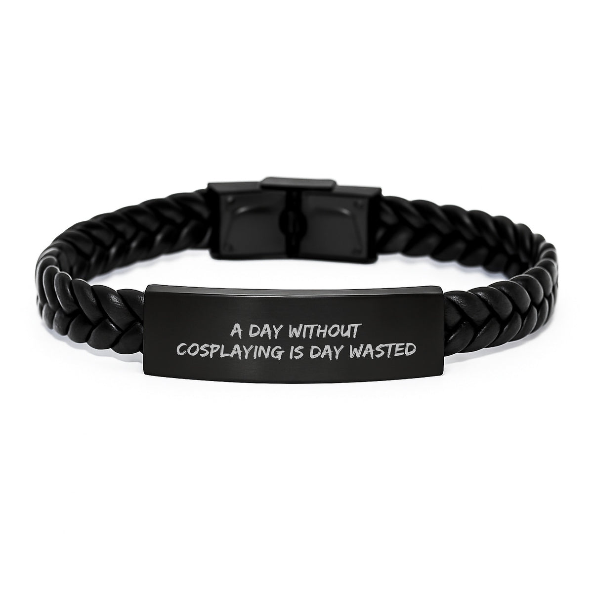 Funny Cosplaying Gifts from Friends for Men's Birthday Unique Cosplaying Interlaced Leather Bracelet, 'A Day Without Cosplaying Is Day Wasted' - Image 1