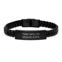 Load image into Gallery viewer, Funny CPA Gifts for Him, 'Keep Calm, I'm (almost) A CPA' Interlaced Leather Bracelet for Men, Valentine's Unique Gifts from Sweetheart to Sweetheart - Image 1
