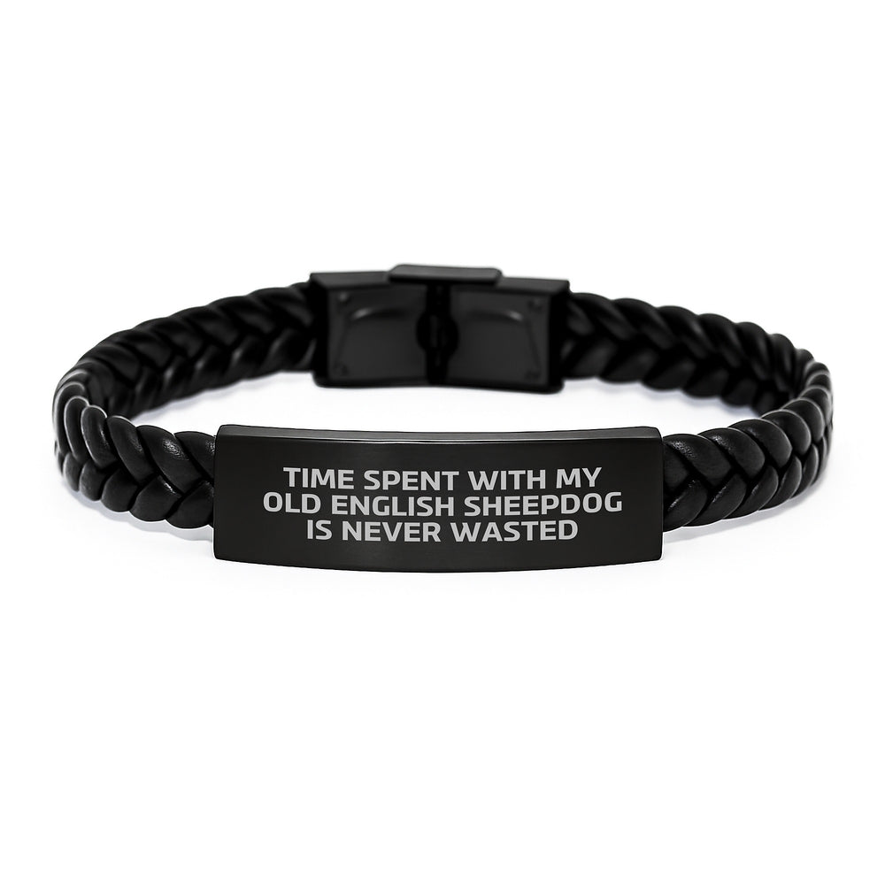 Old English Sheepdog Inspired Interlaced Leather Bracelet, Gifts from Family for Birthday, 'Time Spent With My Old English Sheepdog Is Never Wasted', Unique Gifts for Men or Women - Image 1