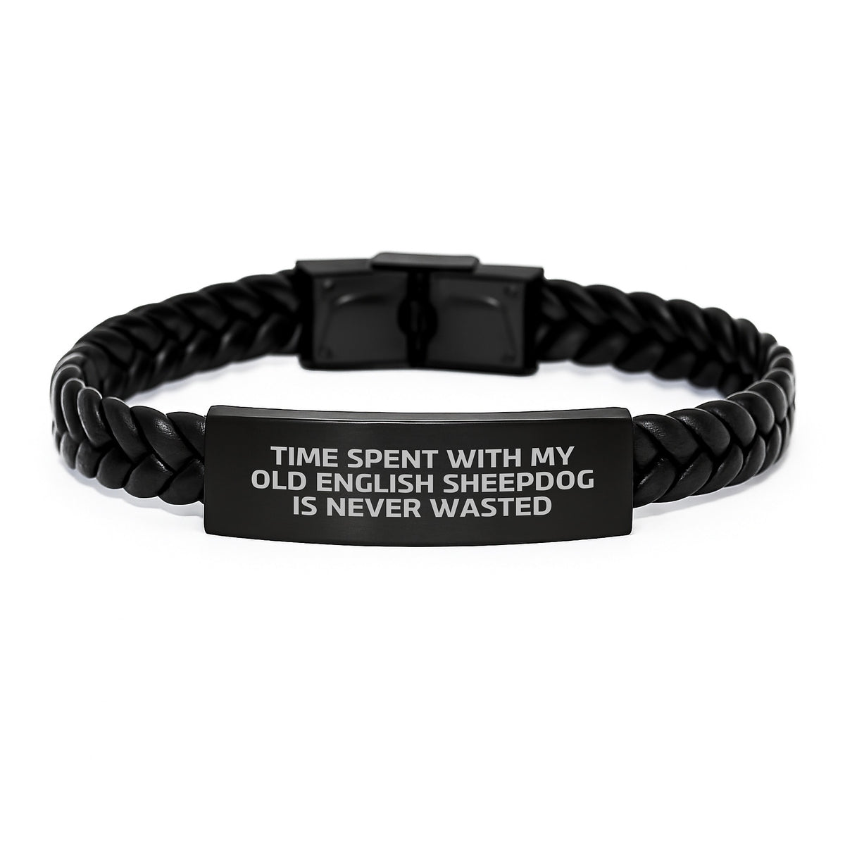 Old English Sheepdog Inspired Interlaced Leather Bracelet, Gifts from Family for Birthday, 'Time Spent With My Old English Sheepdog Is Never Wasted', Unique Gifts for Men or Women - Image 1