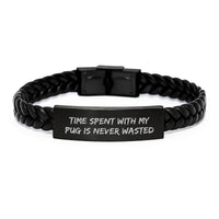 Load image into Gallery viewer, Pug Dog Gifts from Friends, Funny Interlaced Leather Bracelet for Birthday, Time Spent with My Pug Is Never Wasted, Gifts for Pug Lovers - Image 1
