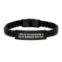 Load image into Gallery viewer, Funny Sales Manager Gifts, &#39;Look At You Becoming A Sales Manager And Shit&#39; Engraved Interlaced Leather Bracelet for Men, Women, Friends, Coworkers, Family - Graduation Unique Gifts from Men - Image 1
