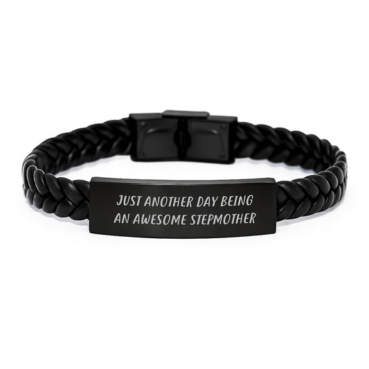 'Awesome Stepmother' Quote Interlaced Leather Bracelet, Gifts for Stepmother from Mom, Unique Graduation Gift Ideas, Handcrafted with Engraved Stainless Steel and PU Leather, 7.87 inches - Image 1