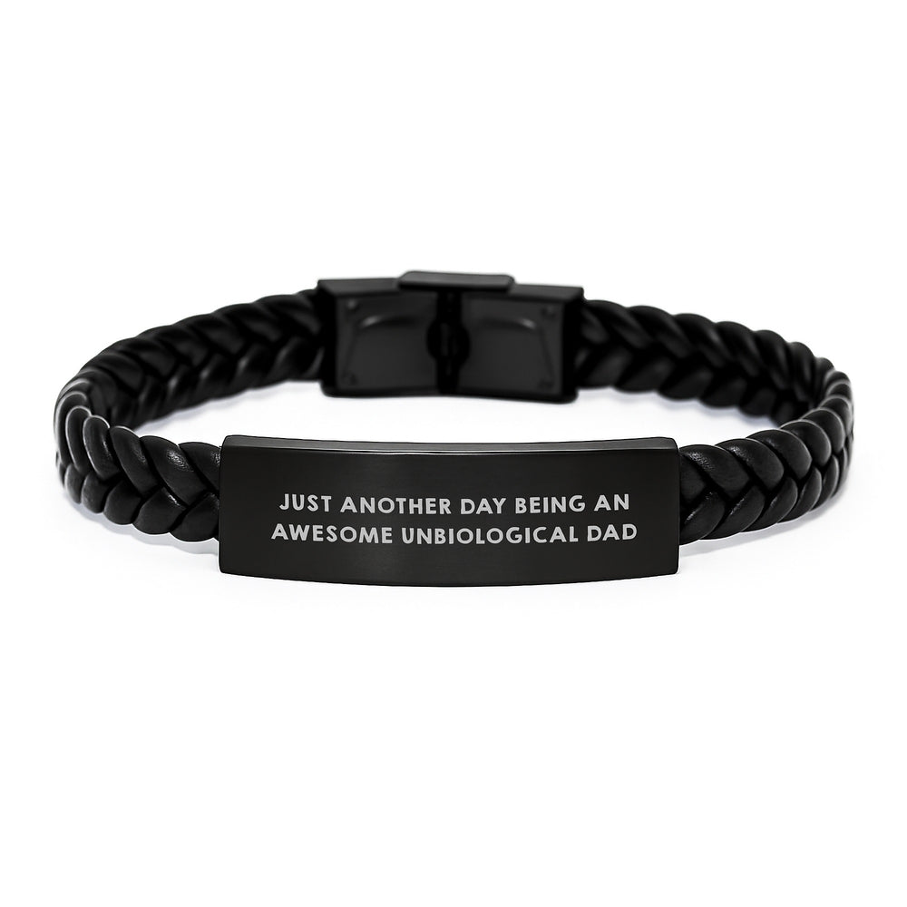 Funny Unbiological Dad Gifts for Men from Unbiological Dads, Interlaced Leather Bracelet for Graduation, Just Another Day Being An Awesome Unbiological Dad - Image 1