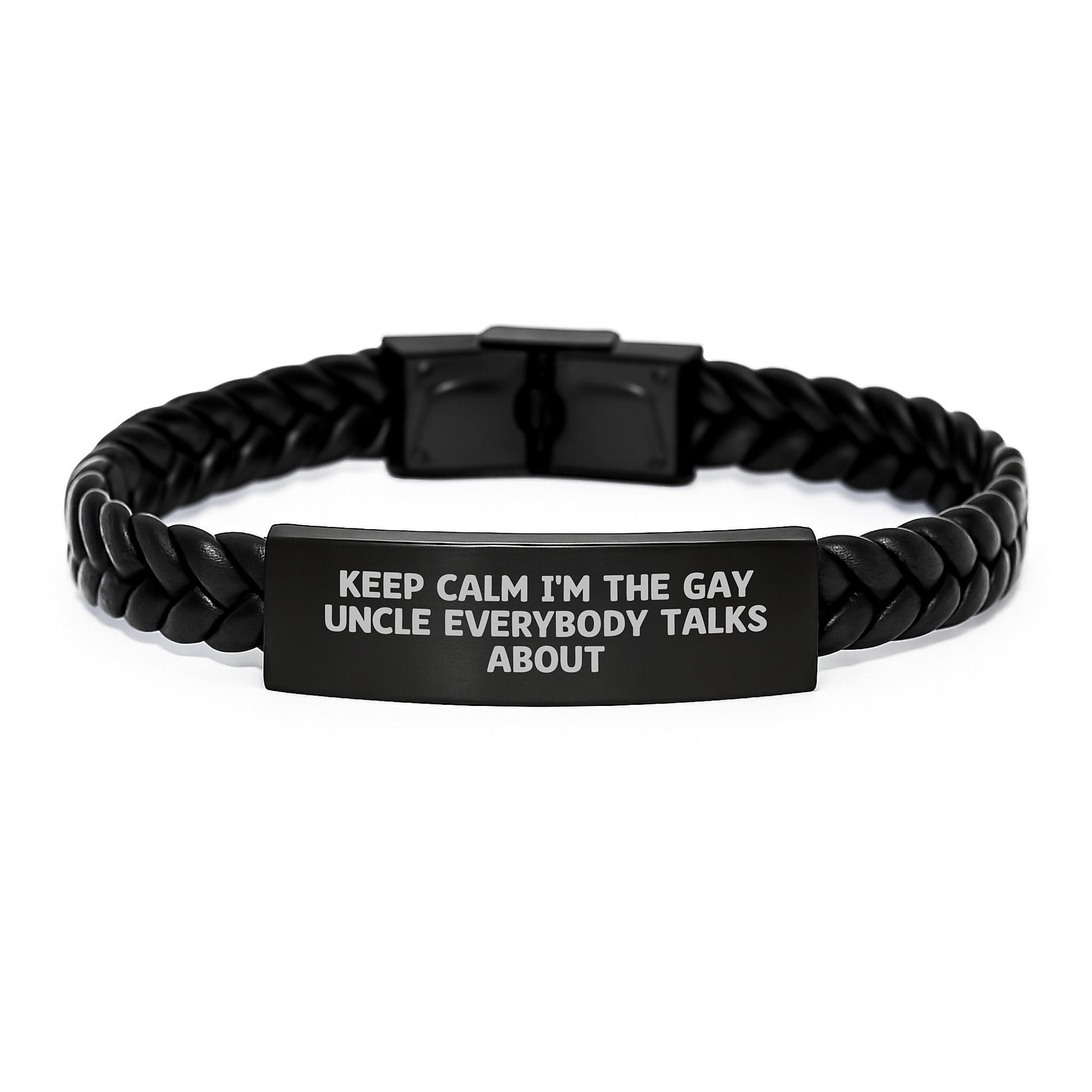 Funny Uncle Gifts from Men, Unique Interlaced Leather Bracelets for Graduation, 'Keep Calm I'm The Gay Uncle Everybody Talks About' - Image 1