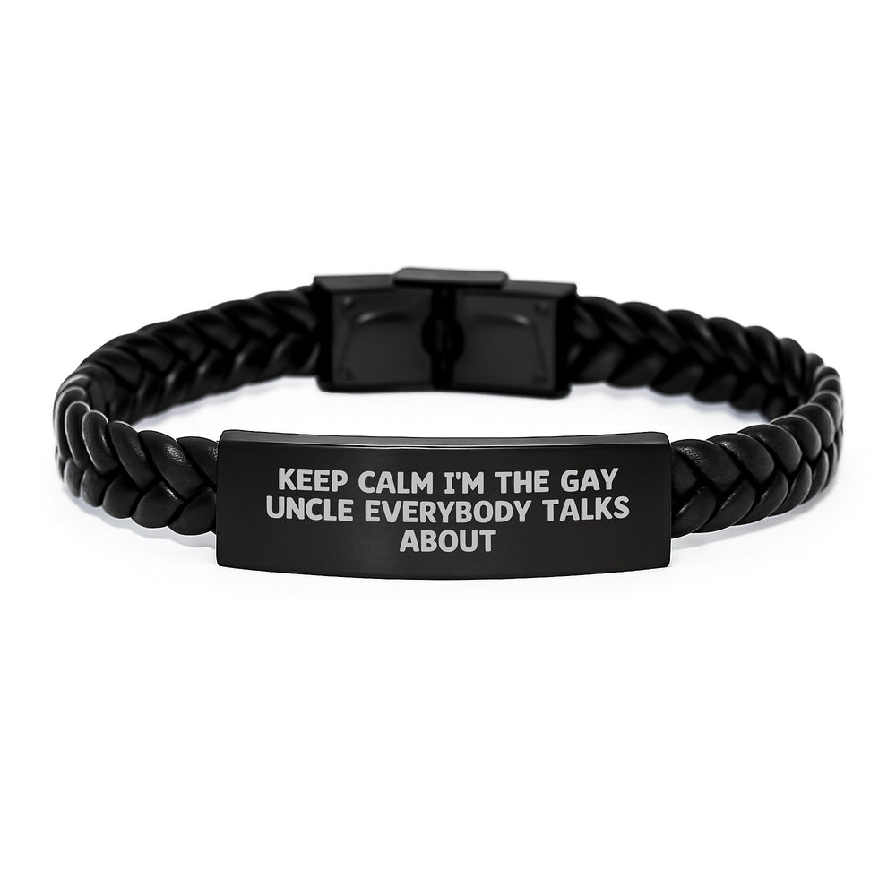 Funny Uncle Gifts from Men, Unique Interlaced Leather Bracelets for Graduation, 'Keep Calm I'm The Gay Uncle Everybody Talks About' - Image 1