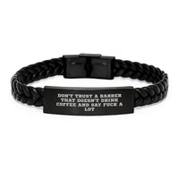 Load image into Gallery viewer, Funny Barber Gifts from Friends - Interlaced Leather Bracelet for Barbers, Unique Birthday Presents for Men with Quirky Quote, &#39;Don&#39;t Trust A Barber...&#39; - Image 1
