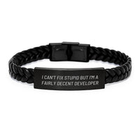 Load image into Gallery viewer, Funny Developer Gifts - 'I Can't Fix Stupid But I'm A Fairly Decent Developer' Interlaced Leather Bracelet for Birthday from Friends to Family - Image 1
