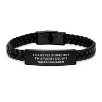 Load image into Gallery viewer, Funny Sales Manager Gifts, &#39;I Can&#39;t Fix Stupid But I&#39;m A Fairly Decent Sales Manager&#39; Interlaced Leather Bracelet for Birthday, Gifts from Family to Friends and Coworkers - Image 1
