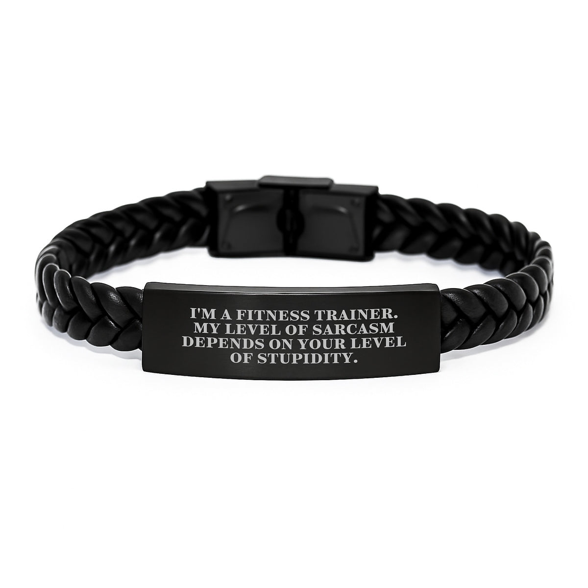 Funny Fitness Trainer Gifts for Men, Christmas Unique Interlaced Leather Bracelet with Engraved Stainless Steel, Gifts from Friends for Fitness Enthusiast, Sarcasm Depends on Stupidity Level - Image 1