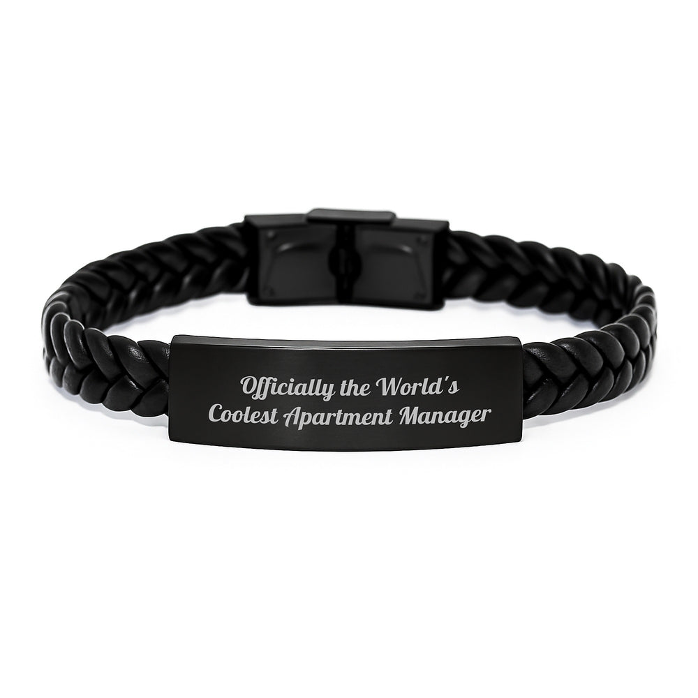 Funny Gift for Apartment Manager, 'Officially The World's Coolest Apartment Manager' Interlaced Leather Bracelet, Christmas Unique Gifts from Friends, Family or Coworkers - Image 1