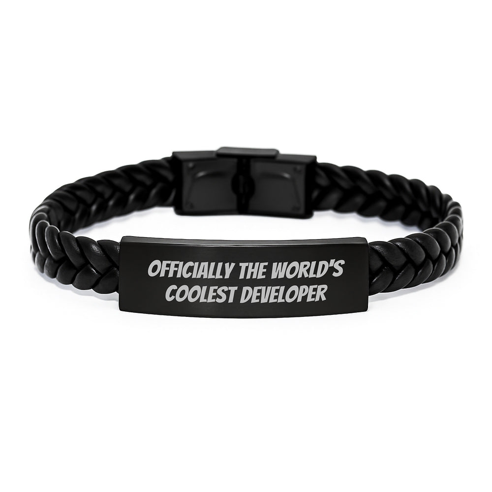 Developer Gifts from Friends - 'Officially The World's Coolest Developer' Interlaced Leather Bracelet for Men, Women, Coworkers Christmas Unique Gifts - Image 1