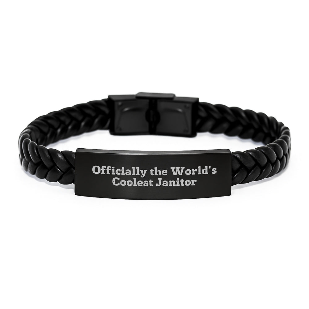 Funny Janitor Gifts, 'Officially The World's Coolest Janitor' Interlaced Leather Bracelet for Men, Unique Christmas Unique Gifts from Friends, Coworkers, Family - Image 1