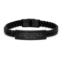 Load image into Gallery viewer, Funny Marketing Manager Gifts from Friends - Unique Interlaced Leather Bracelet for Men Christmas Unique Finds, Assumed Never Wrong, Made for Marketers, Stainless Steel and PU Leather - Image 1
