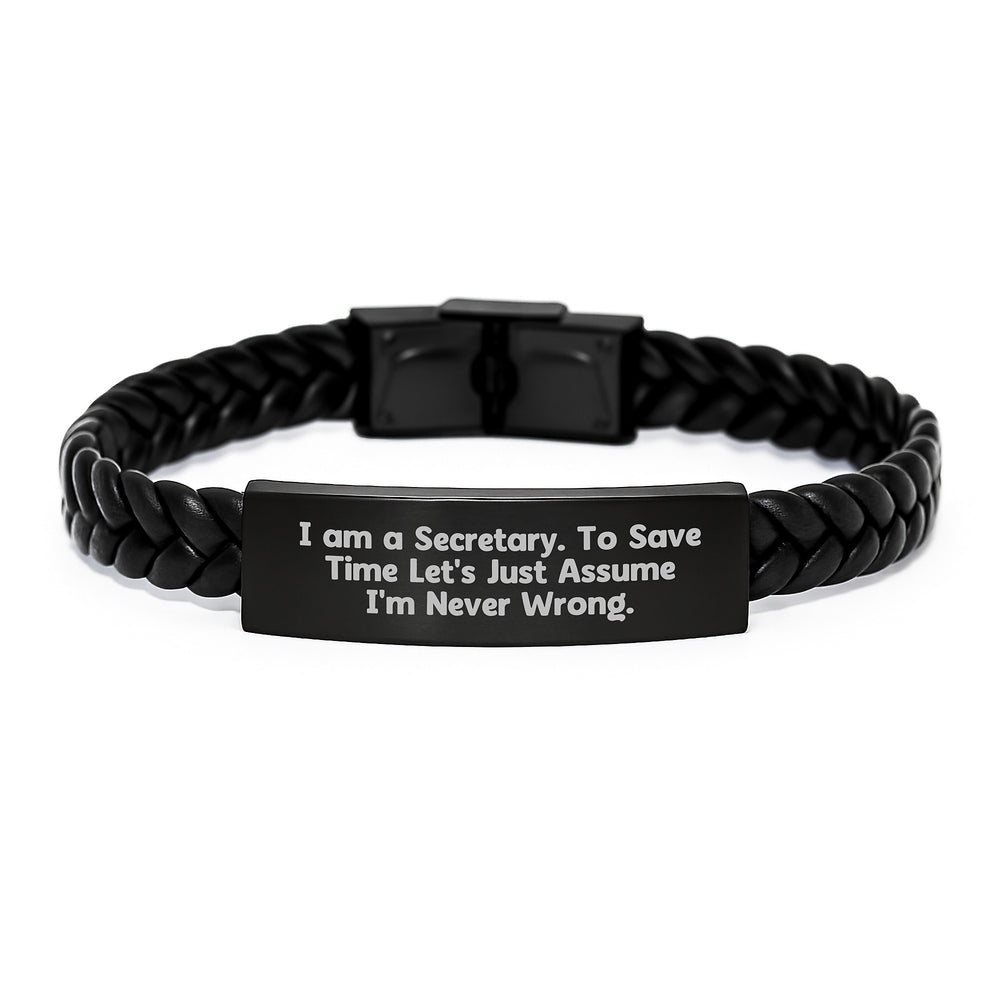 Funny Secretary Gifts, Interlaced Leather Bracelet Quote 'Never Wrong' Christmas Unique Presents for Her - Image 1