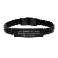 Load image into Gallery viewer, Funny Woodworker Gifts from Friends and Family - Interlaced Leather Bracelet for Men - Unique Christmas Unique Gifts for Woodworker - I&#39;m Never Wrong - Image 1
