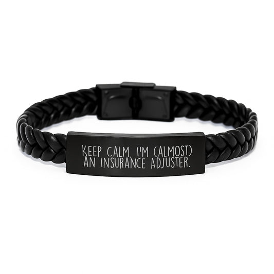 Funny Insurance Adjuster Gifts for Mom - Interlaced Leather Bracelet, Gifts from Family, Keeps Calm I'm almost an Insurance Adjuster - Image 1