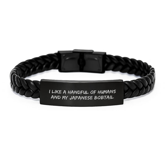 Japanese Bobtail Cat Lover Gifts from Friends to Husband on Valentine's - Interlaced Leather Bracelet with Stainless Steel - Image 1