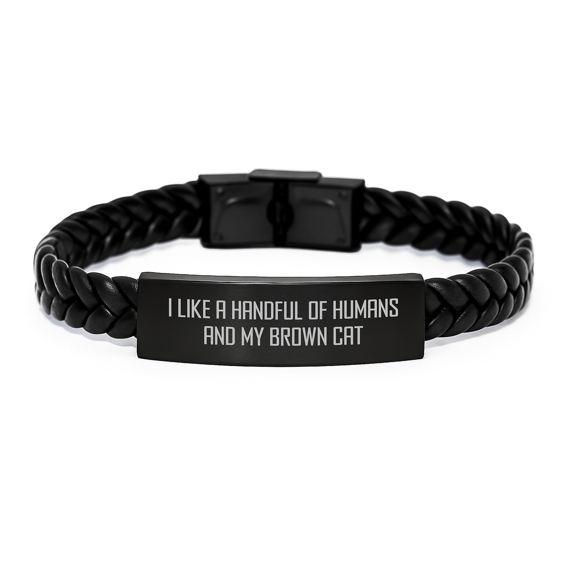 Funny Brown Cat Birthday Unique Gifts for Men, Brown Cat Lover Gifts from Friends, Interlaced Leather Brown Cat Bracelet, I Like A Handful Of Humans And My Brown Cat - Image 1