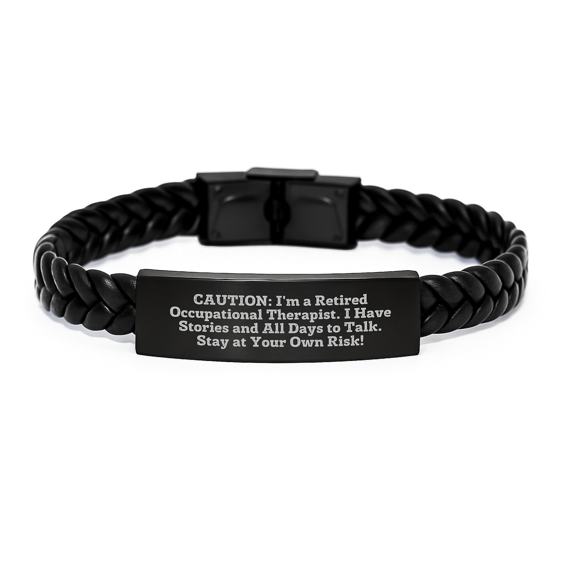 Funny Occupational Therapist Gifts from Friends, Women, Valentine's Unique Interlaced Leather Bracelet, Retired OT's Warning Stay At Your Own Risk - Image 1