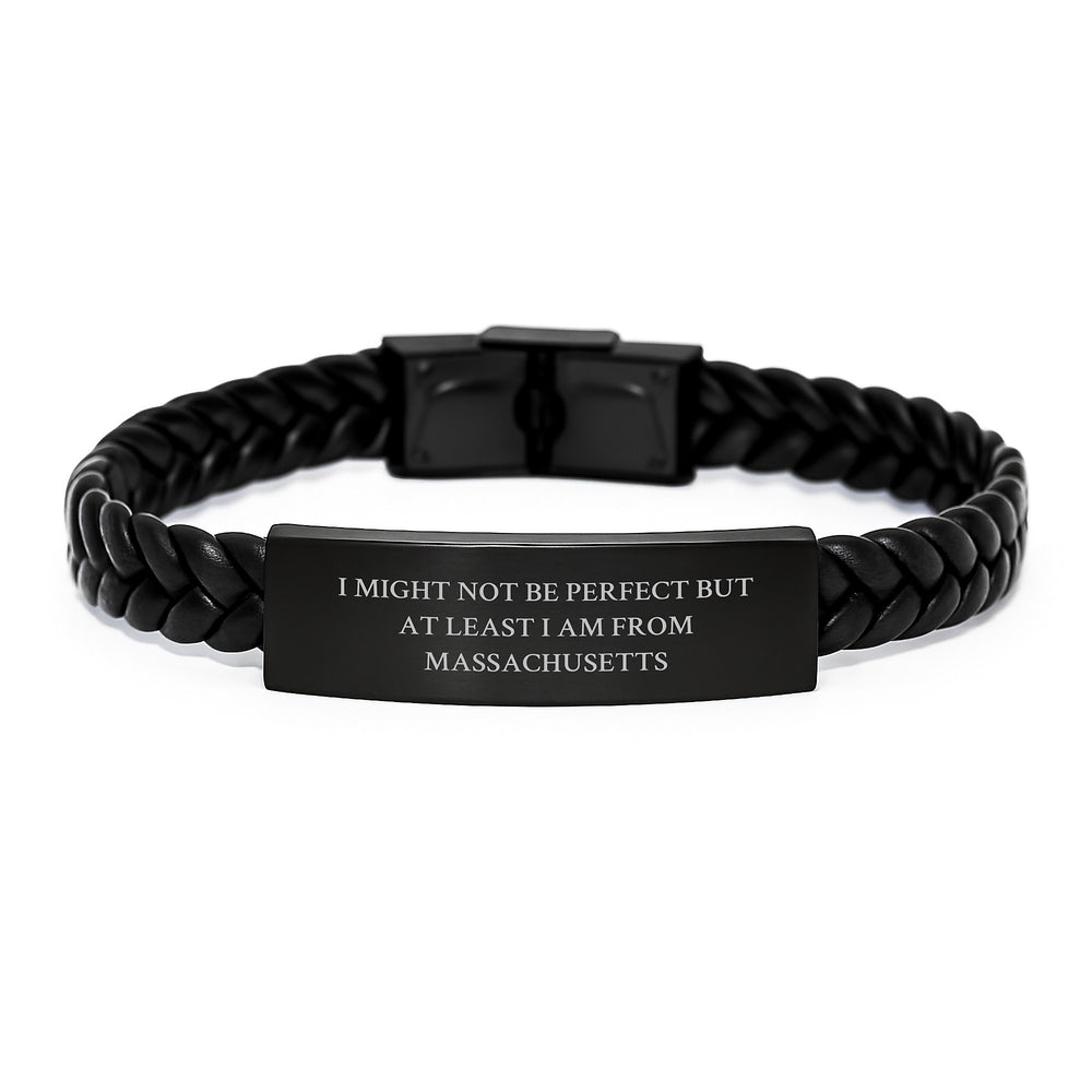 Massachusetts Proud Interlaced Leather Bracelet for Men, Funny Quote Gifts from Friends for Graduation - Image 1